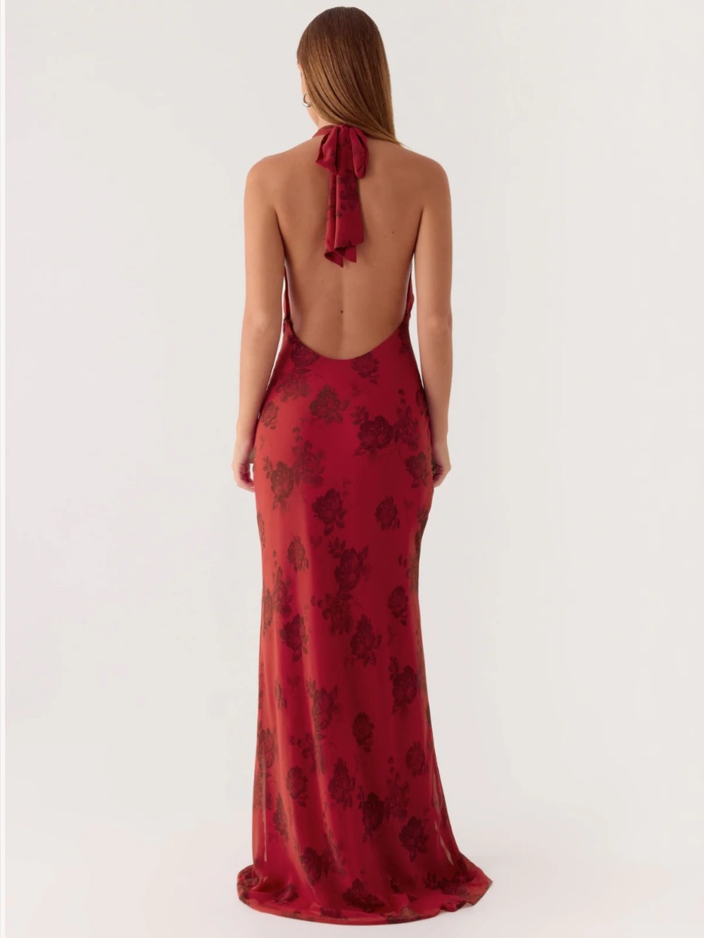 Freja Maxi Dress Halter Tie Long Cherry Rose Floral Open Back Going Out Party 6 - Picture 2 of 13